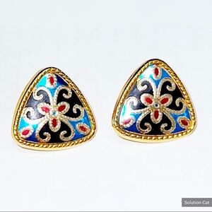 Vintage Estate 80's Metal Triangle Earrings Clip-On Black Blue Red Gold Tone